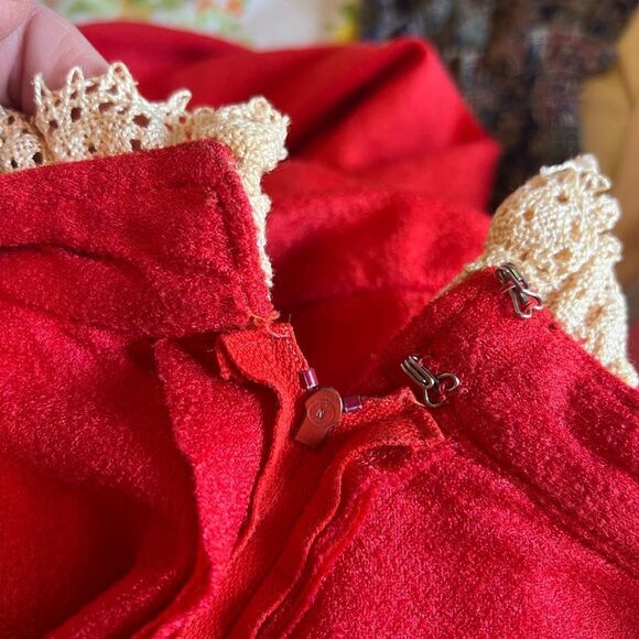 Vintage 60s 70s Gunne Sax Style Red Cream Crochet Peasant Hippie Maxi Dress - Picture 14 of 16